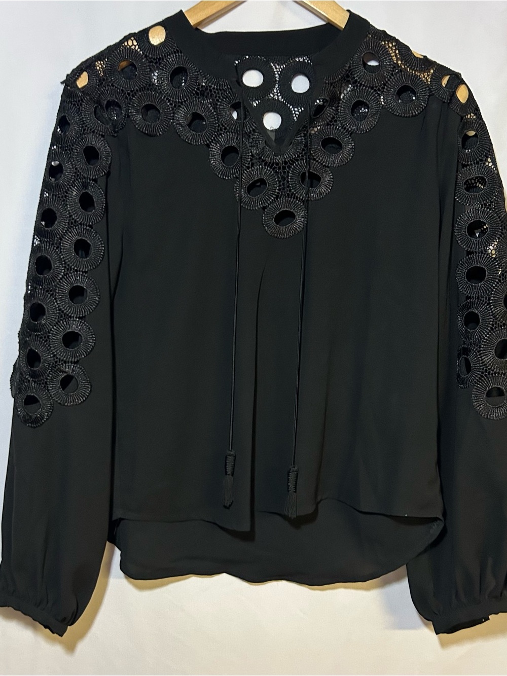Garcia Black peasant Top Blouse size small Lace Circle detail Black